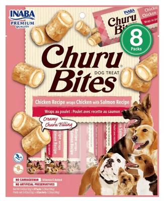 CHURU BITES PERROS SABOR POLLO CON SALMON (ROSADO) X 8 UNID (VET)