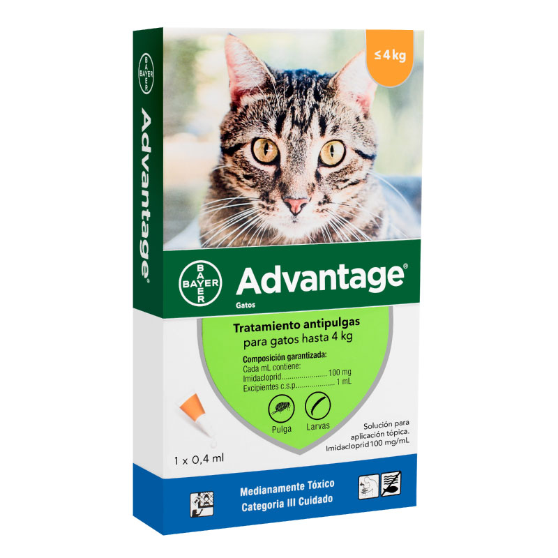 ADVANTAGE PIPETA GATO HASTA 4 KG 100 MG/ML X 0,4 ML(IMIDACLOPRID)(VET)***