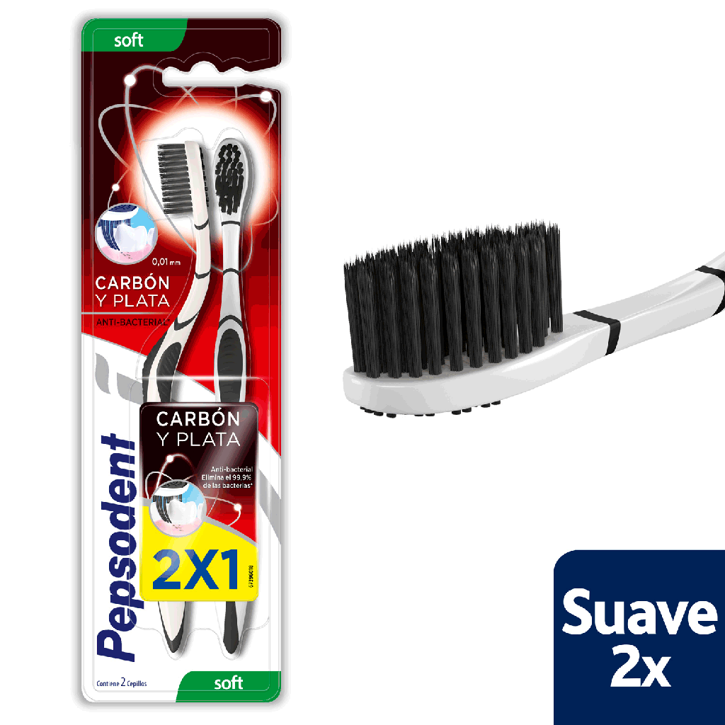 PEPSODENT CEPILLO CARBON PLATA N°2 SUAVE 2 X 1