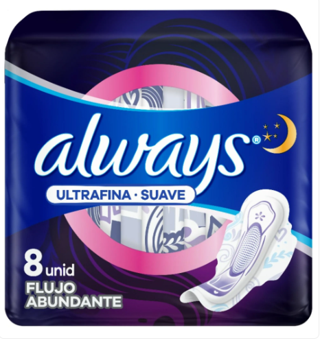 ALWAYS TOALLA ULTRAFINA SUAVE LARGAS PADS NOCHE C/ ALAS X 8  UNID