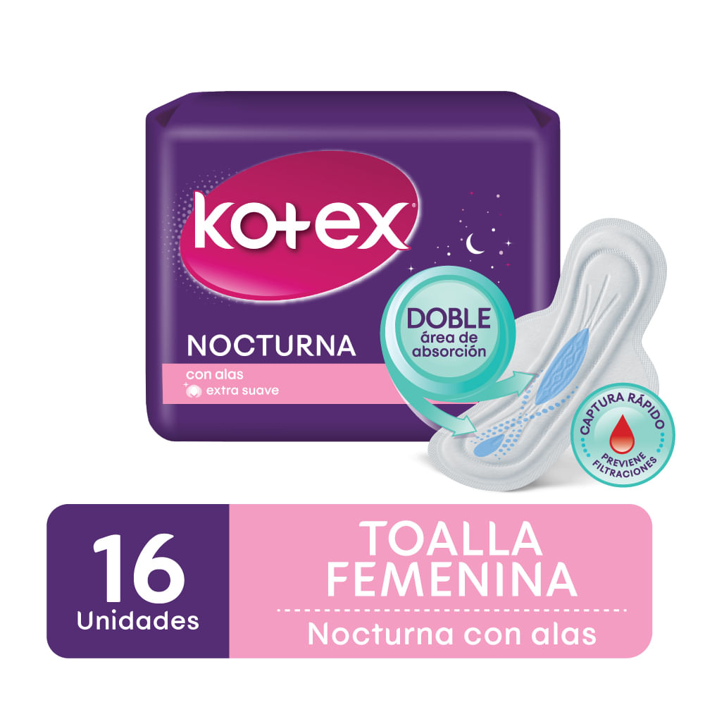 KOTEX TOALLA NOCTURNA DISCRETA CON ALAS TELA MALLA FLUJO INTENSO X 12 UNID