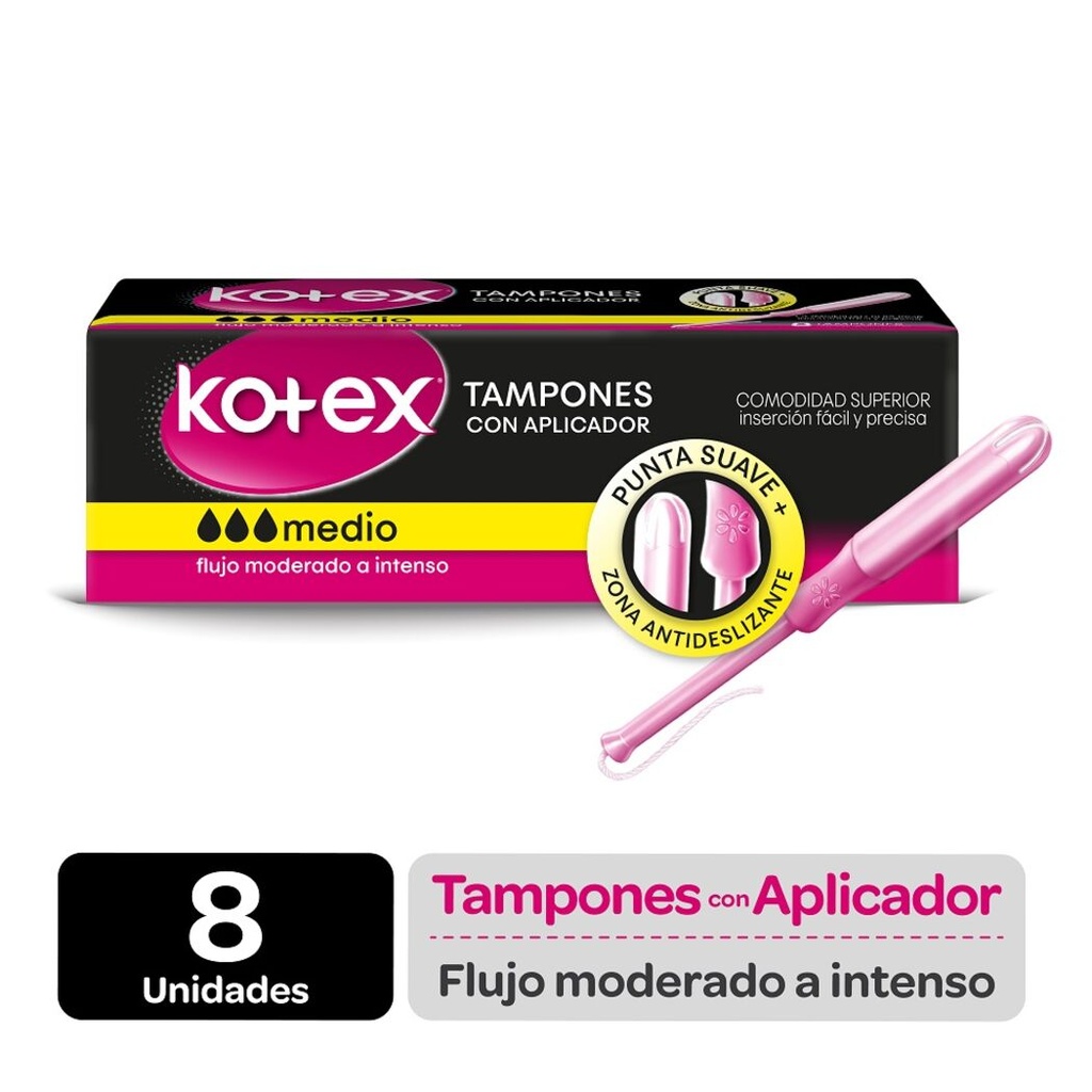 KOTEX TAMPONES  FLUJO MEDIO CON APLICADOR  X 8 UNIDADES