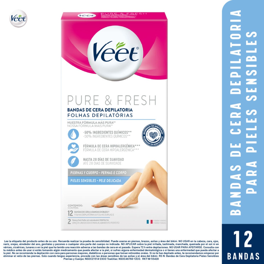 VEET BANDAS DE CERA DEPILATORIA PIERNAS Y CUERPO PURE & FRESH X 12