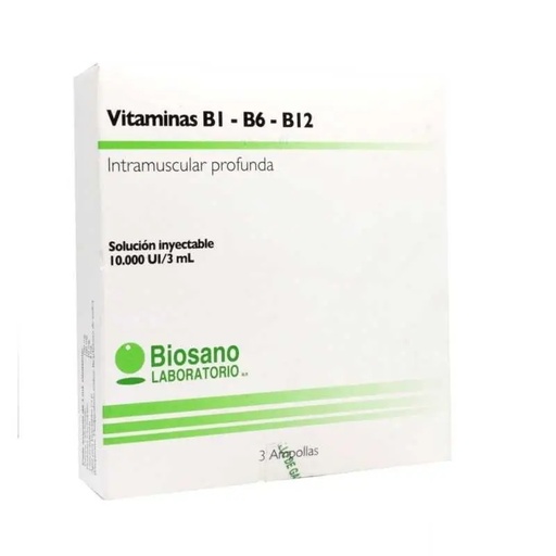 [7800061001205] CENABAST VITAMINA B1 B6 B12 INYECT BIOSANO X 3 AMP (GENER)