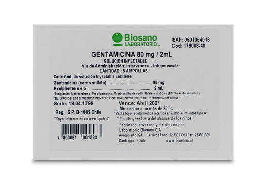 [900168] GENTAMICINA INYECT 80 MG/2 ML X 5 AMP BIOSANO (GENER) (PTM)