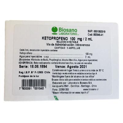 [900204] KETOPROFENO INYECT 100 MG/2 ML ENDOVENOSO BIOSANO X 5 AMP (GENER) (PTM)