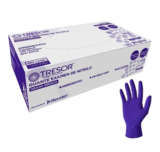 [7806130010499] GUANTE NITRILO AZUL TRESOR TALLA M X 100 UNID