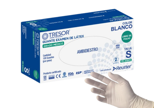 GUANTE LATEX  BLANCO TALLA S LIBRE DE POLVO X 100 UNID TRESOR